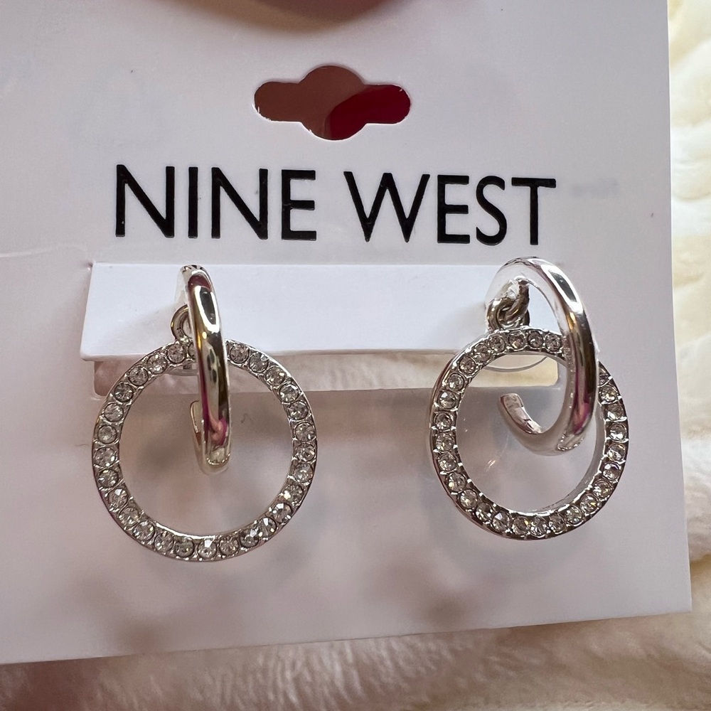Nine West Silver Crystal Circle Earrings NWT